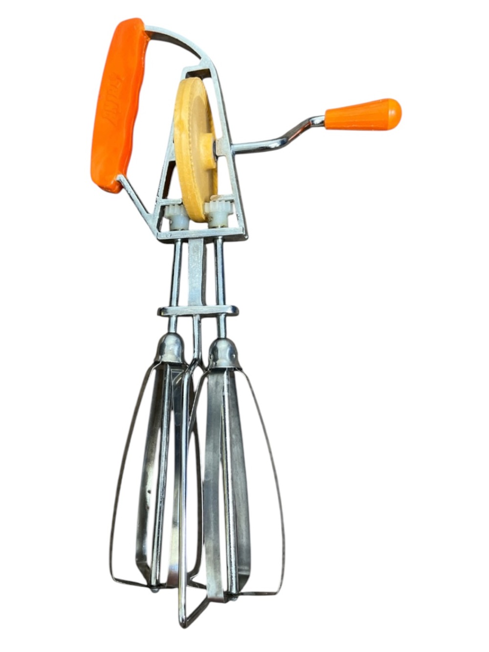 ANJALI Vintage Handheld Rotary Hand Crank Whisk Silver and Orange Size 10”